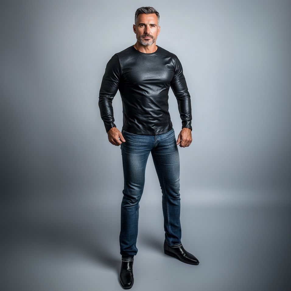 Men's Casual PU Leather Crew Neck Long Sleeve T-Shirt