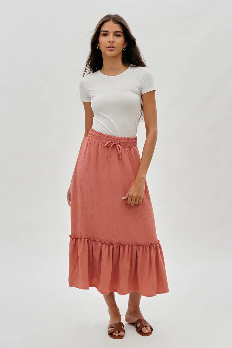 Vintage Tiered Cinched Skirt - Coral