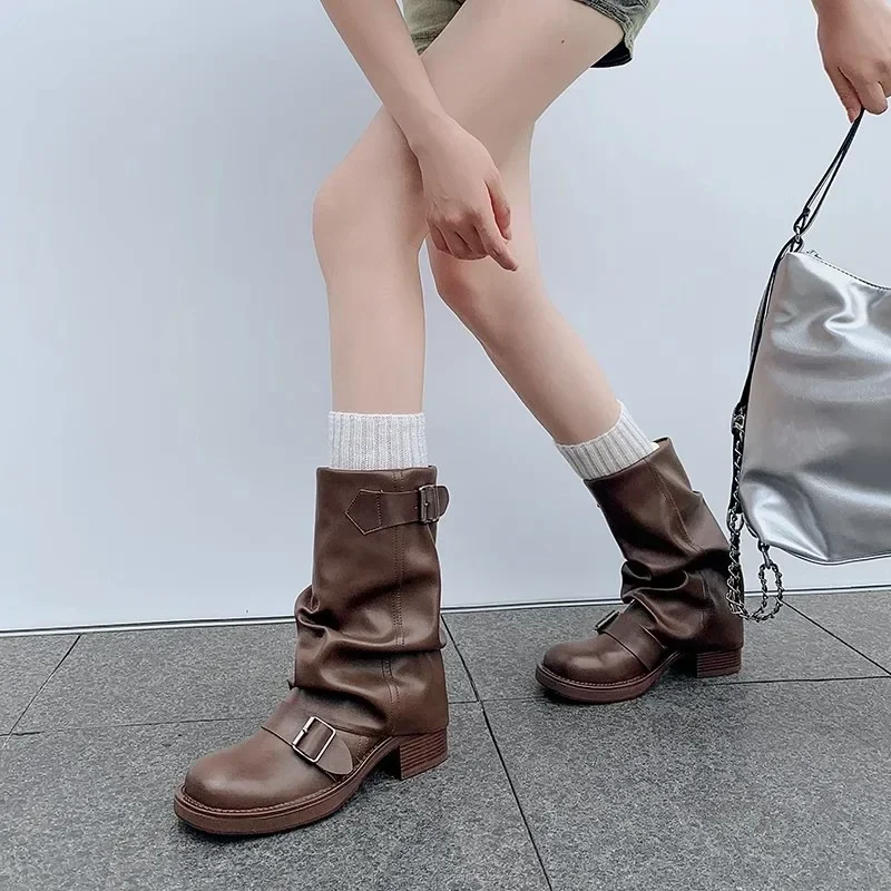 Pleated Buckle Knight Boots for Women Autumn Brown PU Leather Mid Calf Boots Woman Slip-On Thick Heel