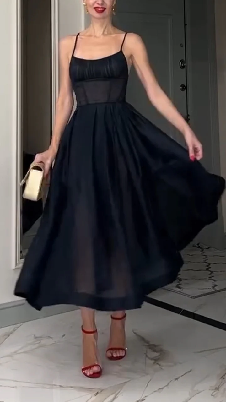 Women Spaghetti Strap Patchwork Solid Color Elegant Casual Dress