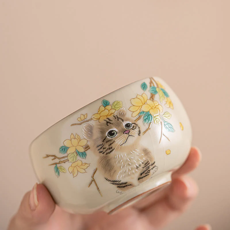 Cute Cat Yellow Flowers Rabbit Teacup Kung Fu Tea Cup