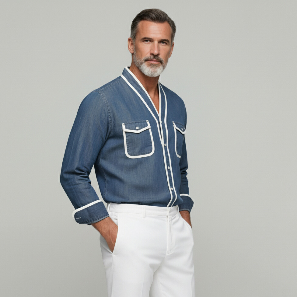 Men's Flap Pockets Contrast Binding V Neck Single Breasted Long Sleeve Shirt