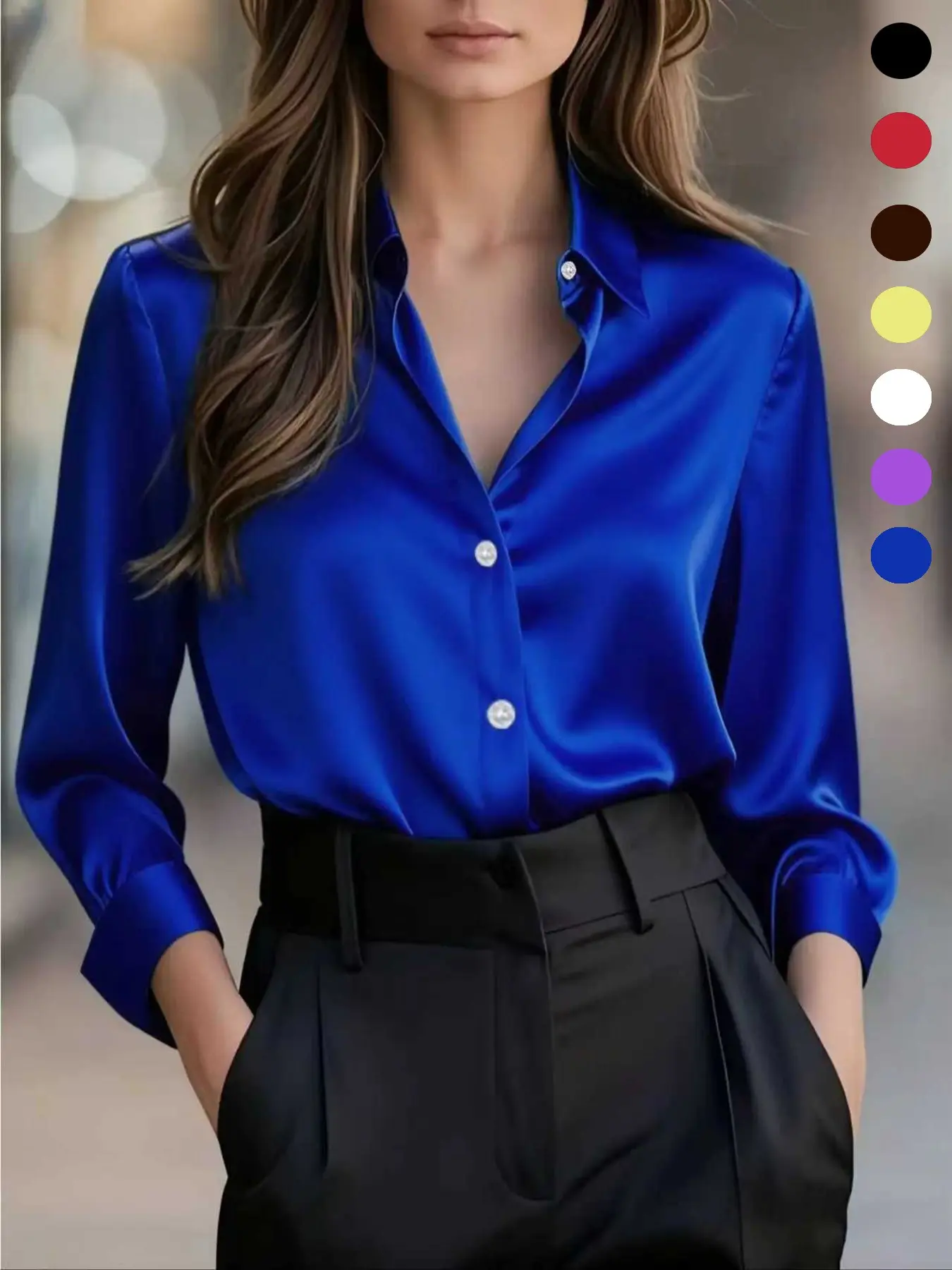 Women's Versatile Satin Long-sleeved Fitted Shirt Blouse for Commuting
