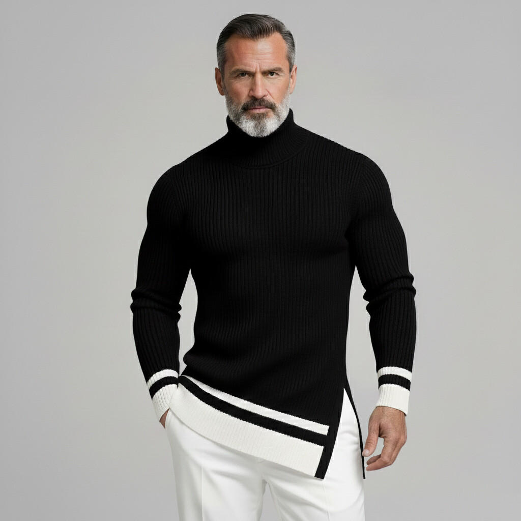 [Pre-Order] Men's Casual Black High Neck Contrast Trim Long Sleeve Slim Fit Knit Sweater