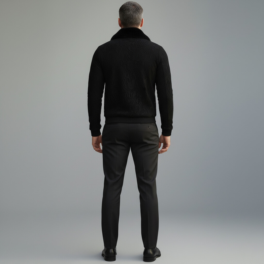 Men's Black Lace Furry Collar Long Sleeve Zip-Up Jacket