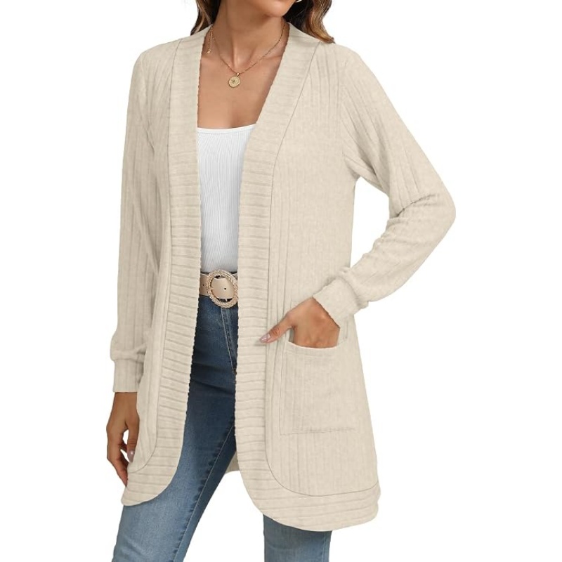 Women Striped Ribbed Knit Cardigan Open Front Long Sleeve Mid‑Length Casual Sweater Cardigan with Side Pockets