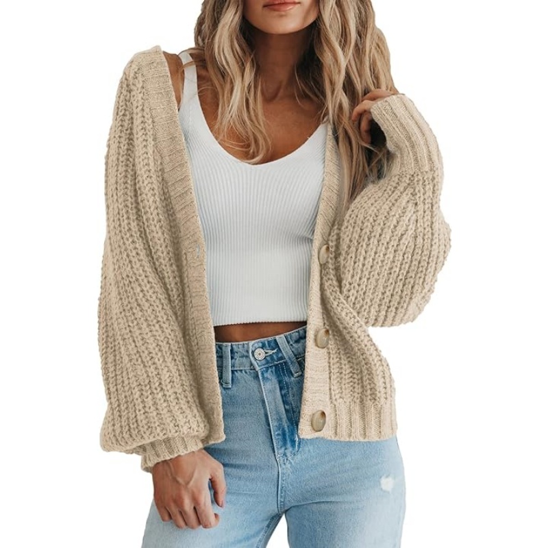 Women Chunky Knit Button‑Down Cardigan V‑Neck Balloon Long Sleeve Loose Oversized Knit Sweater Fall Casual Outer Top