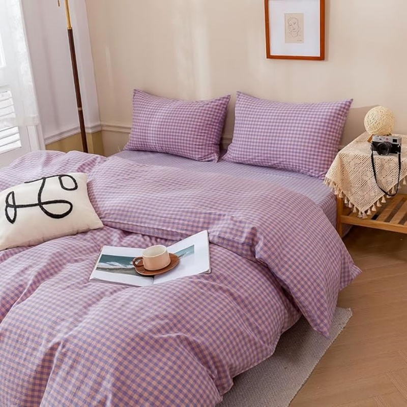 Purple Gingham Grid Duvet Cover Queen