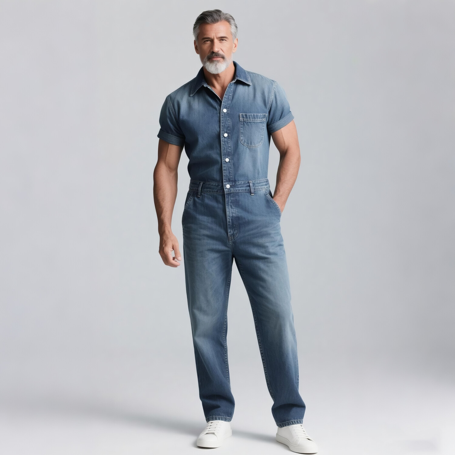 Men's Denim Shirt Collar Short Sleeve Button Pocket Jumpsuit