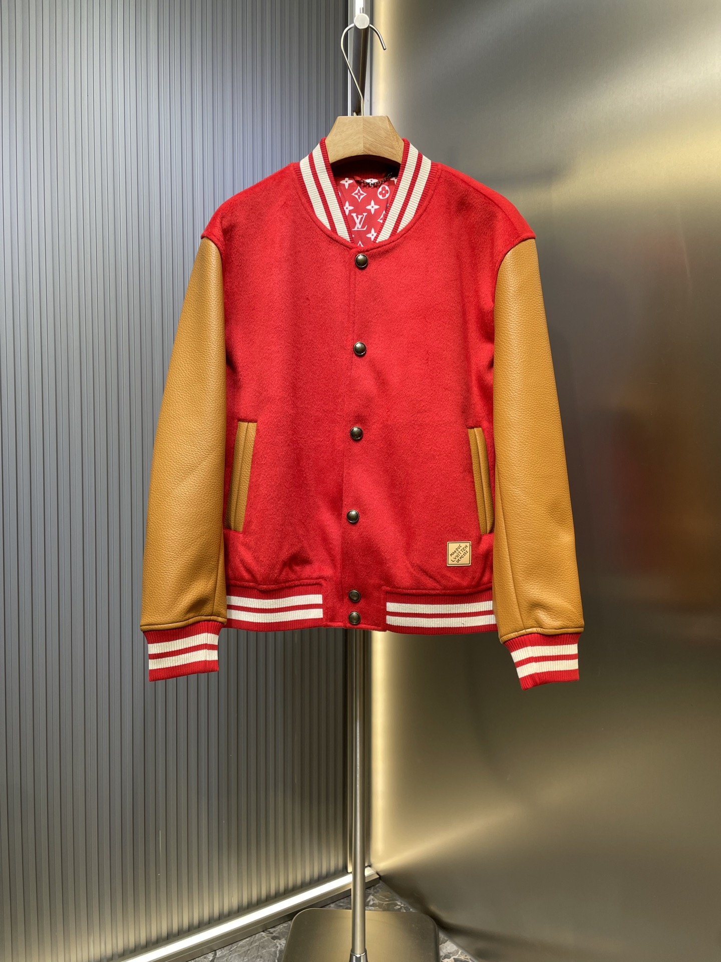 LV Wool-Blend Leather-Trimmed Snap-Button Baseball Jacket 2025ss