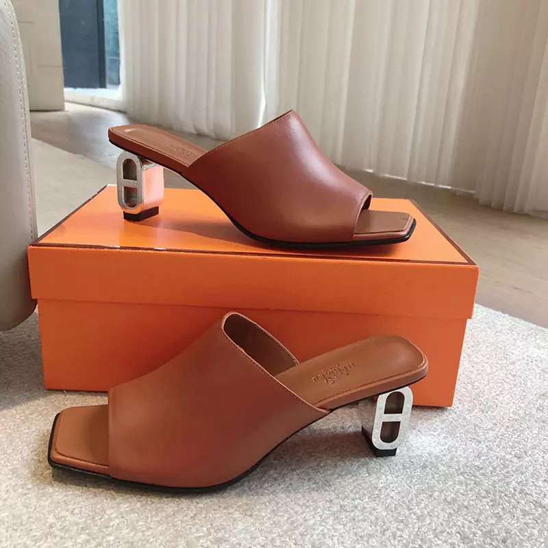 Fashion High Quality 6cm Heel Real Leather Slippers LX-872309
