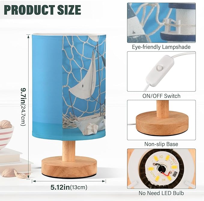 Table Lamp Nautical Sailboat Lighthouse Starfish Seashell Fishnet Blue Wood Nightstand Lamp
