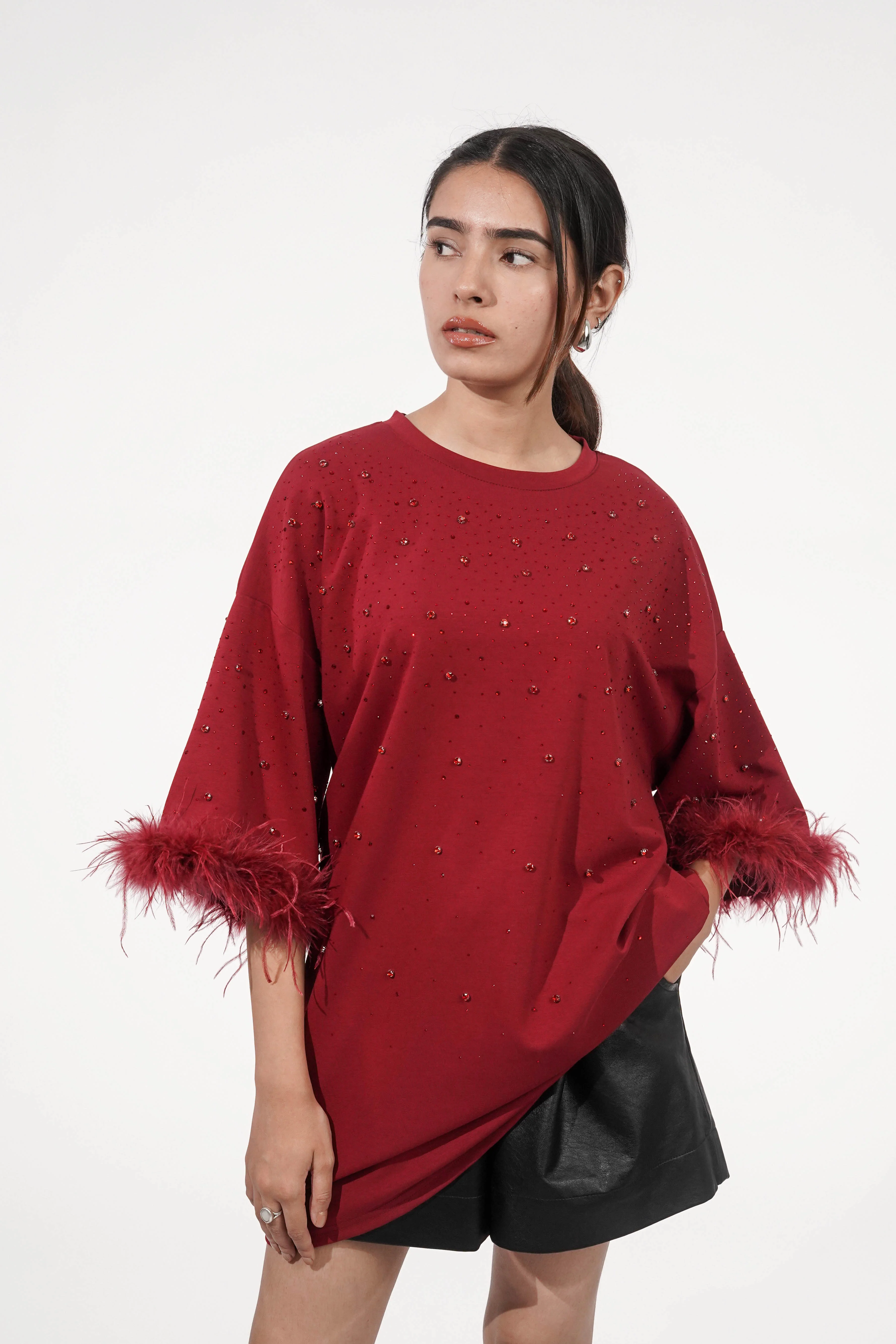 Amy Dark Red Feather Detail T-shirt