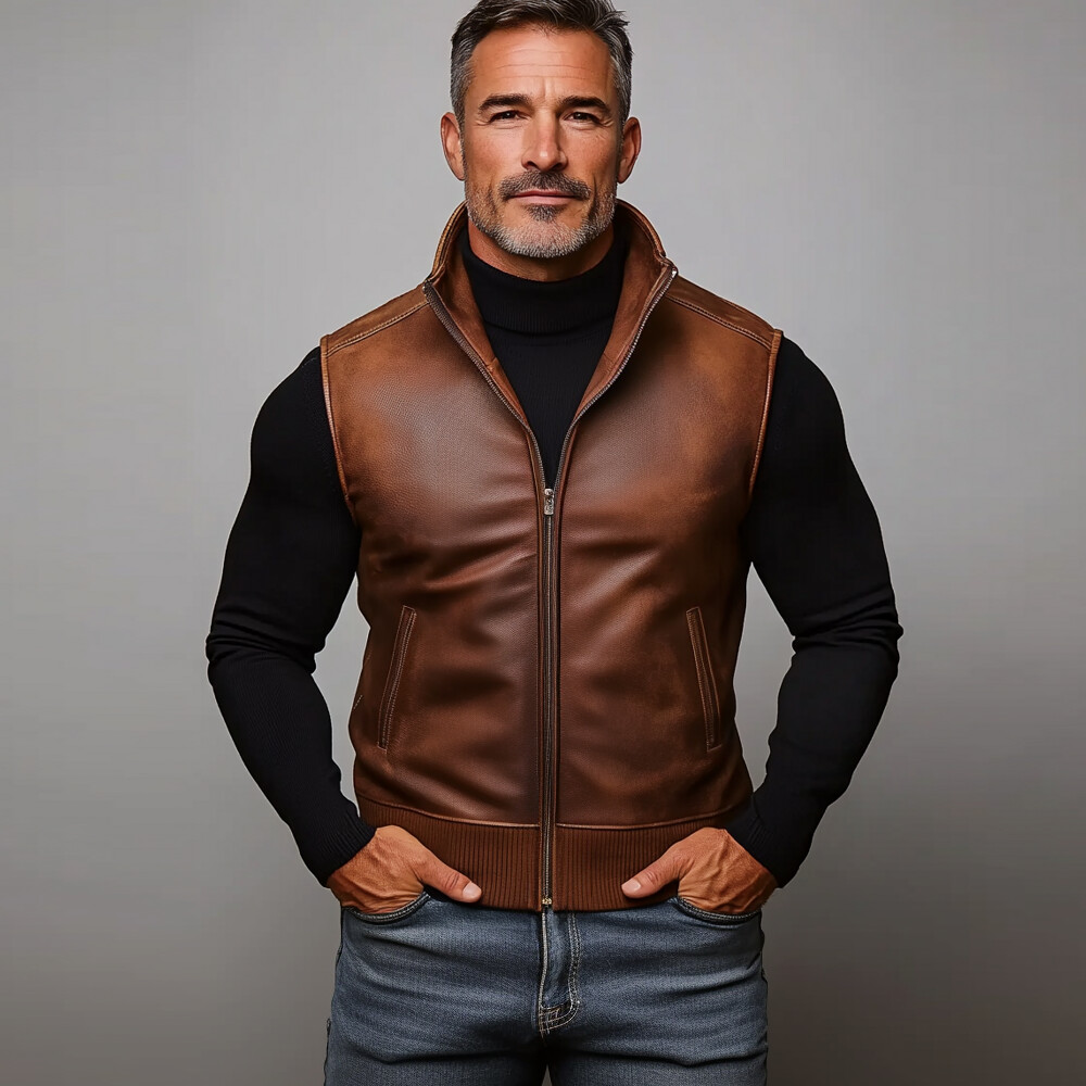 Men's PU Leather Stand Collar Slant Pocket Zip Up Vest