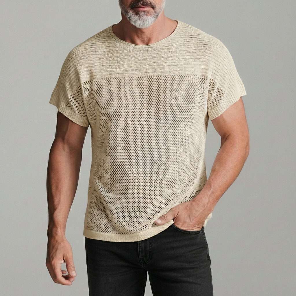 Men's Casual Short Sleeve See Through Knit T-Shirt