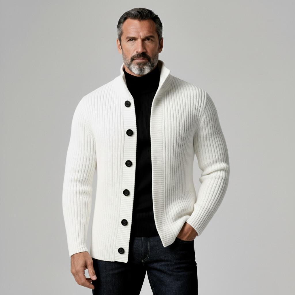 Men's White Stand Collar Long Sleeve Button Ribbed Knit Sweater Jacket
