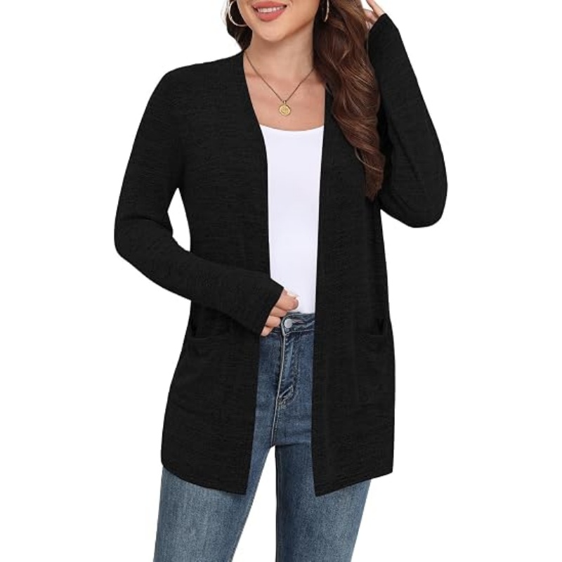 Women Lightweight Open Front Cardigan Long Sleeve Thumb‑Hole Cuffs Mid‑Length Casual Sweater Cardigan with Side Pockets S‑L