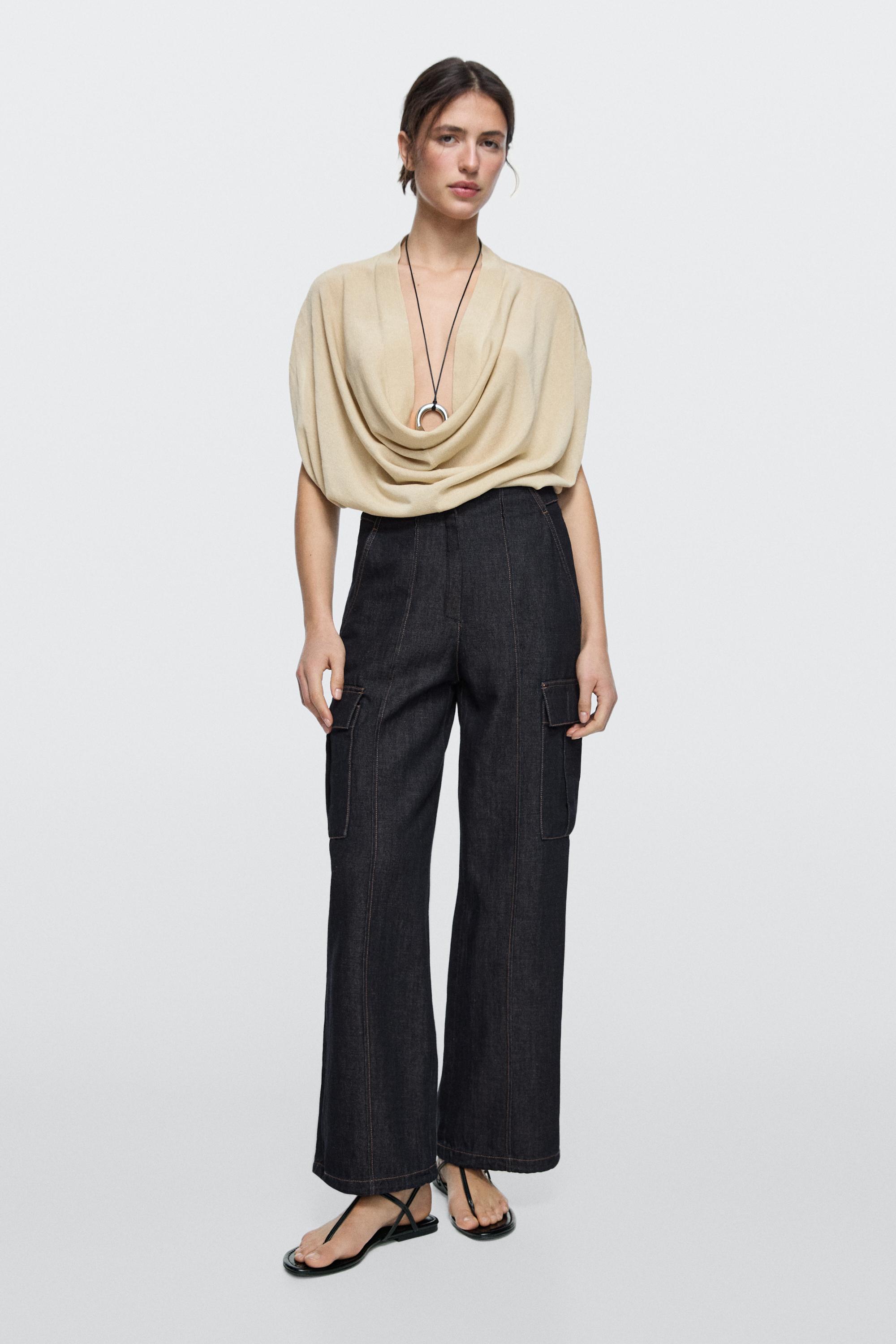 Pantalón denim cargo con lino