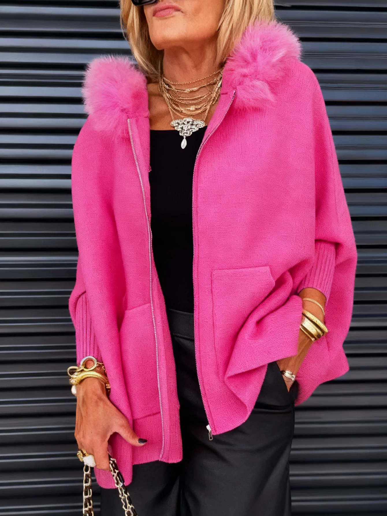 Women Fur Collar Solid Color Casual Jacket
