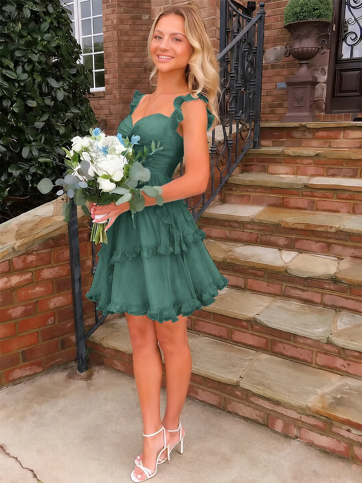 Sweetheart Ruffle Strap Tiered Chiffon Mini Homecoming Dress