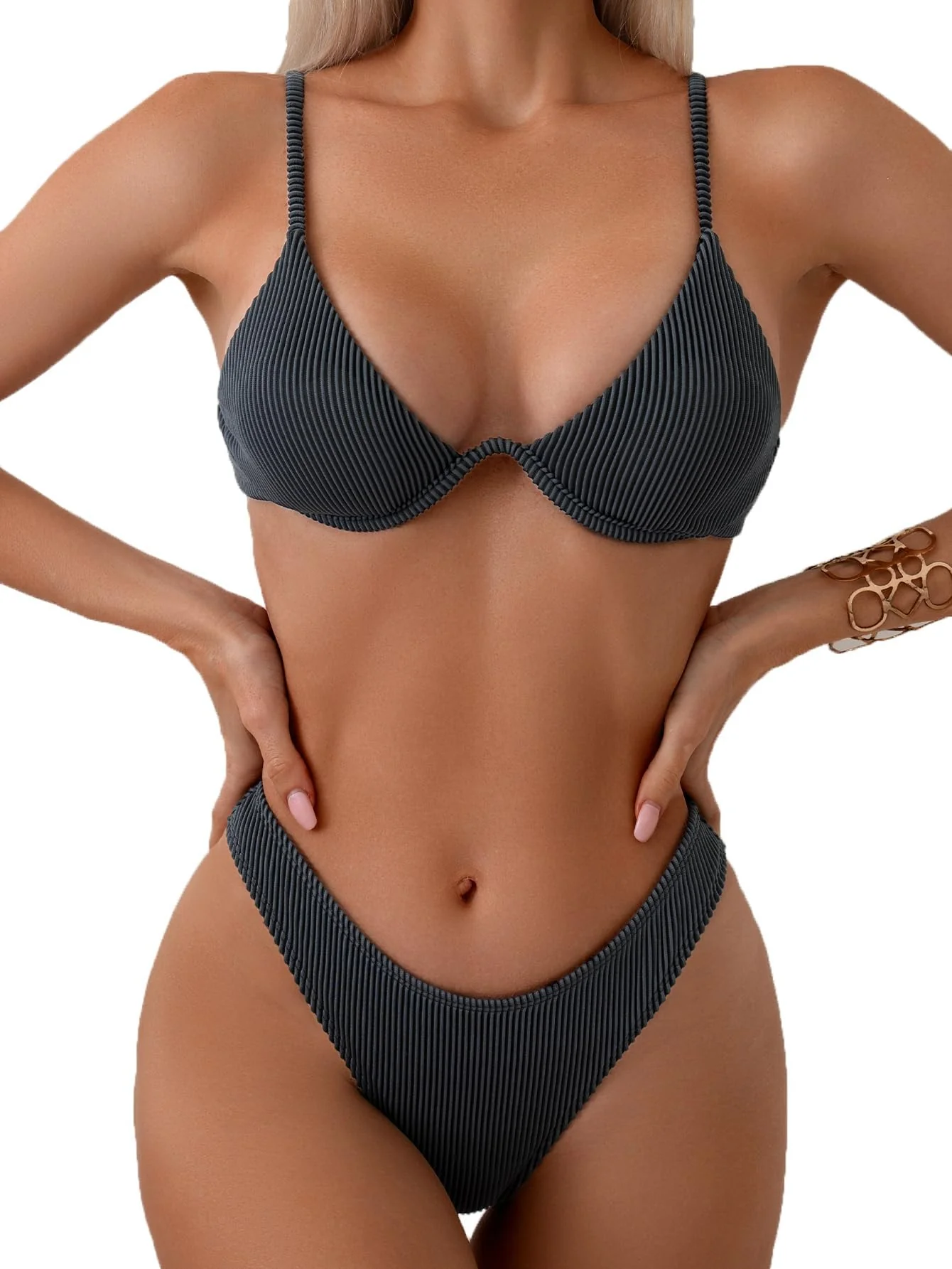 Women Underwire Triangle Bikini Spaghetti Strap Push Up Swimsuit Cheeky Two Piece Bathing Suit Grey S