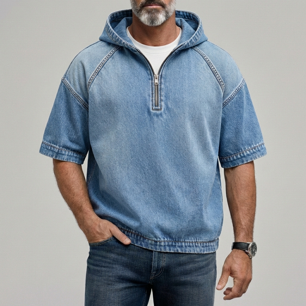 Men's Retro Half Zip Short Sleeve Distressed Hoodie