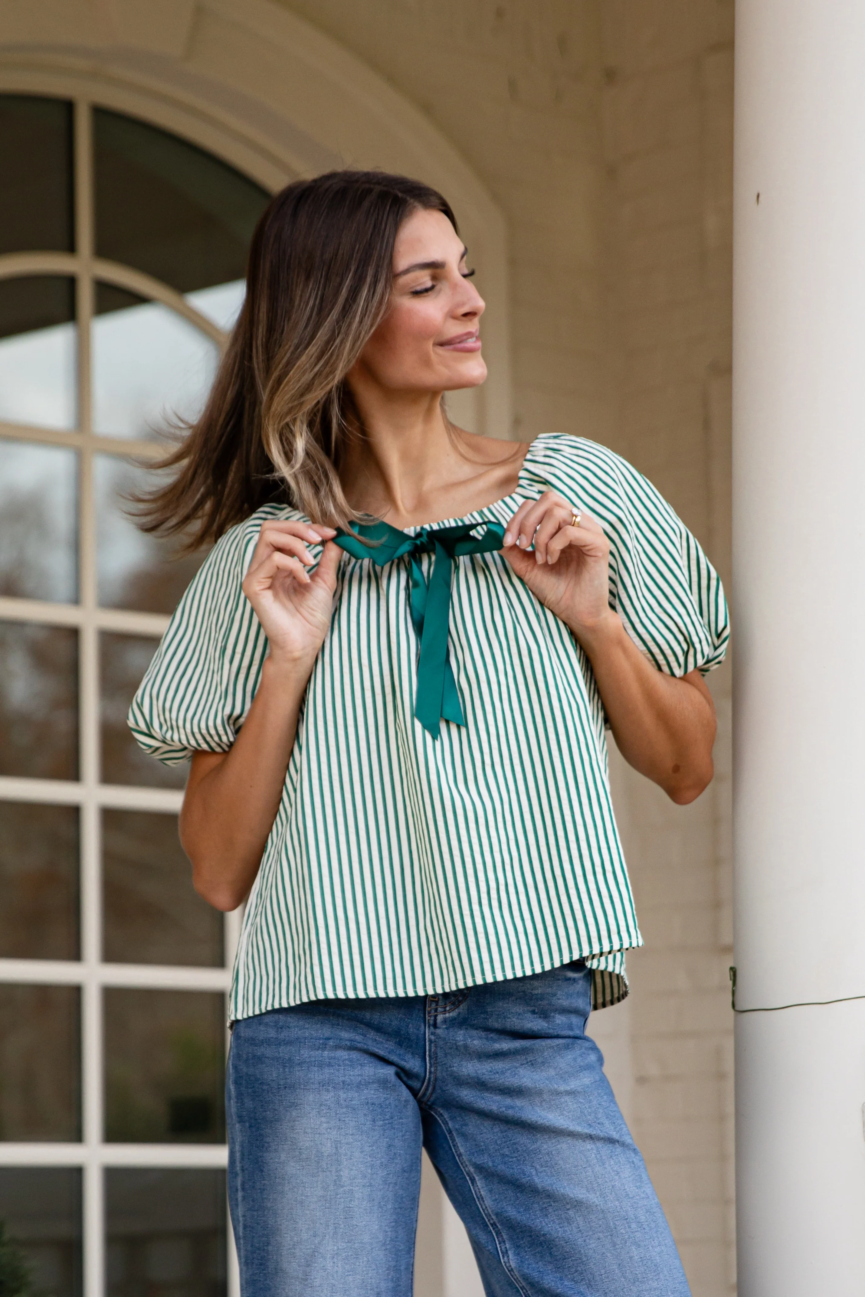 FINAL SALE - Holiday Twist Green Stripe Blouse