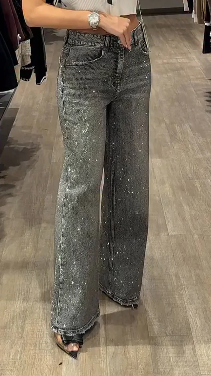 Women Rhinestone Washed Casual Jeans