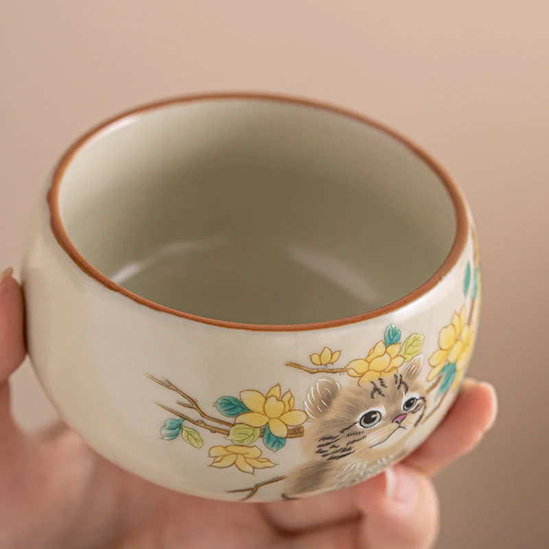 Cute Cat Yellow Flowers Rabbit Teacup Kung Fu Tea Cup