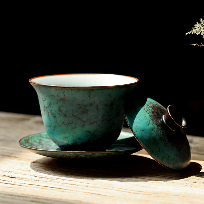 Retro Green Glaze Ceramic Gaiwan Sancai Teacup Kung Fu Tea Cup And Saucer With Lid