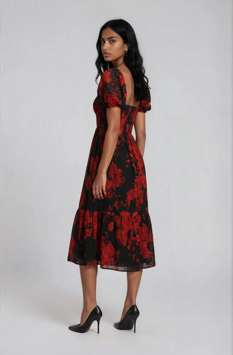 Pleated Puff Sleeve Dress - Red