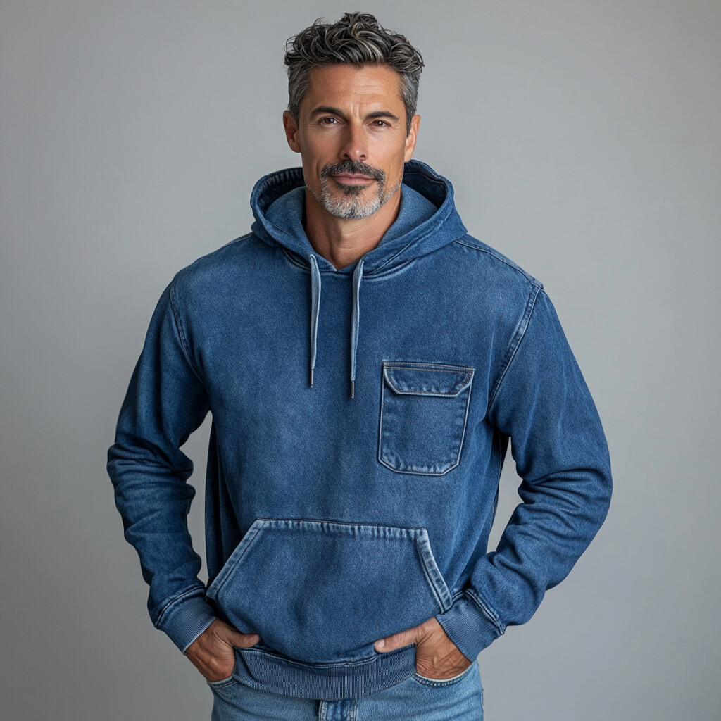 Men's Casual Denim Flap Pocket Drawstring Hoodie