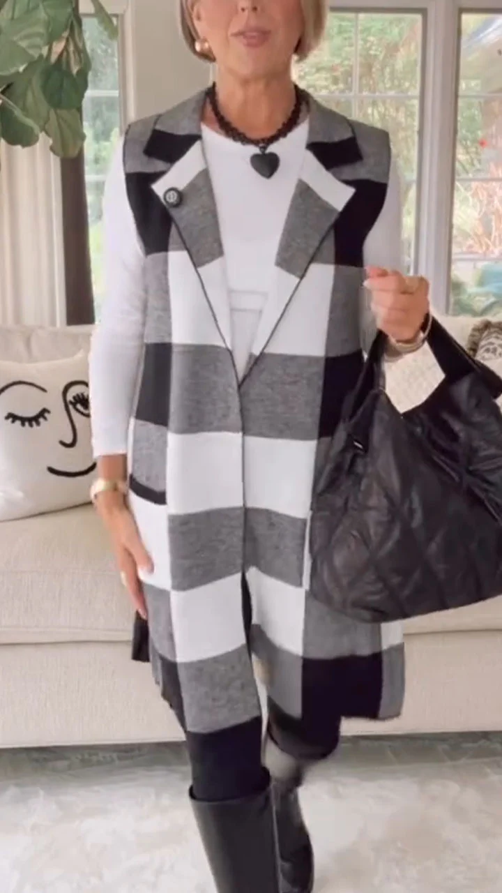 Women Collar Plaid Temperament Casual Long Vest