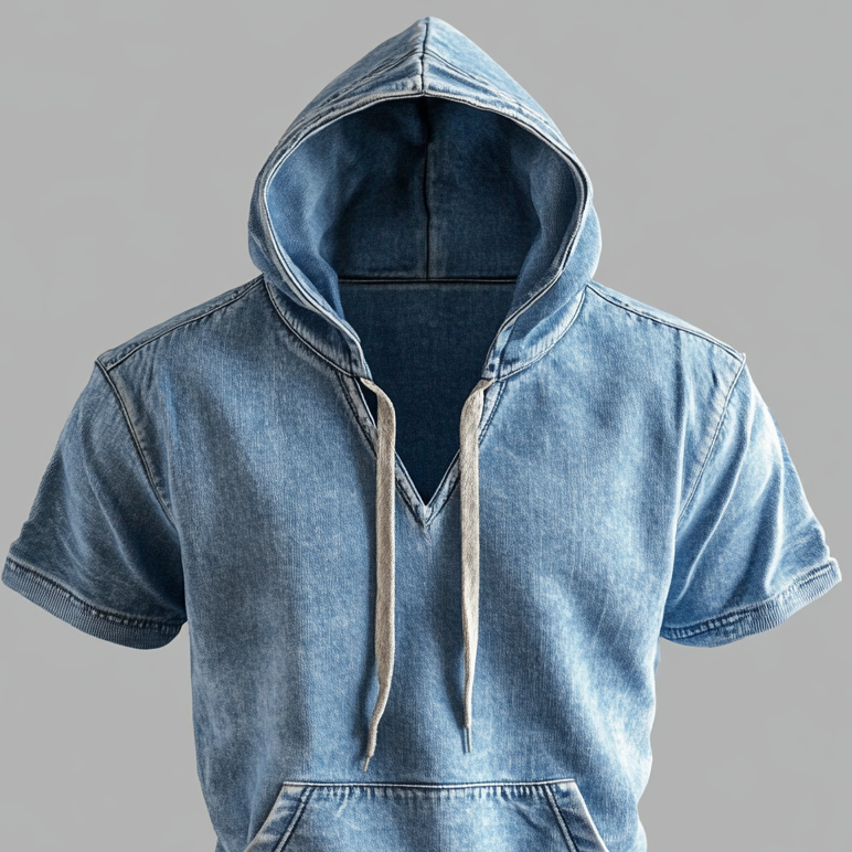 Men's Short Sleeve Pocket Drawstring Denim Hoodie