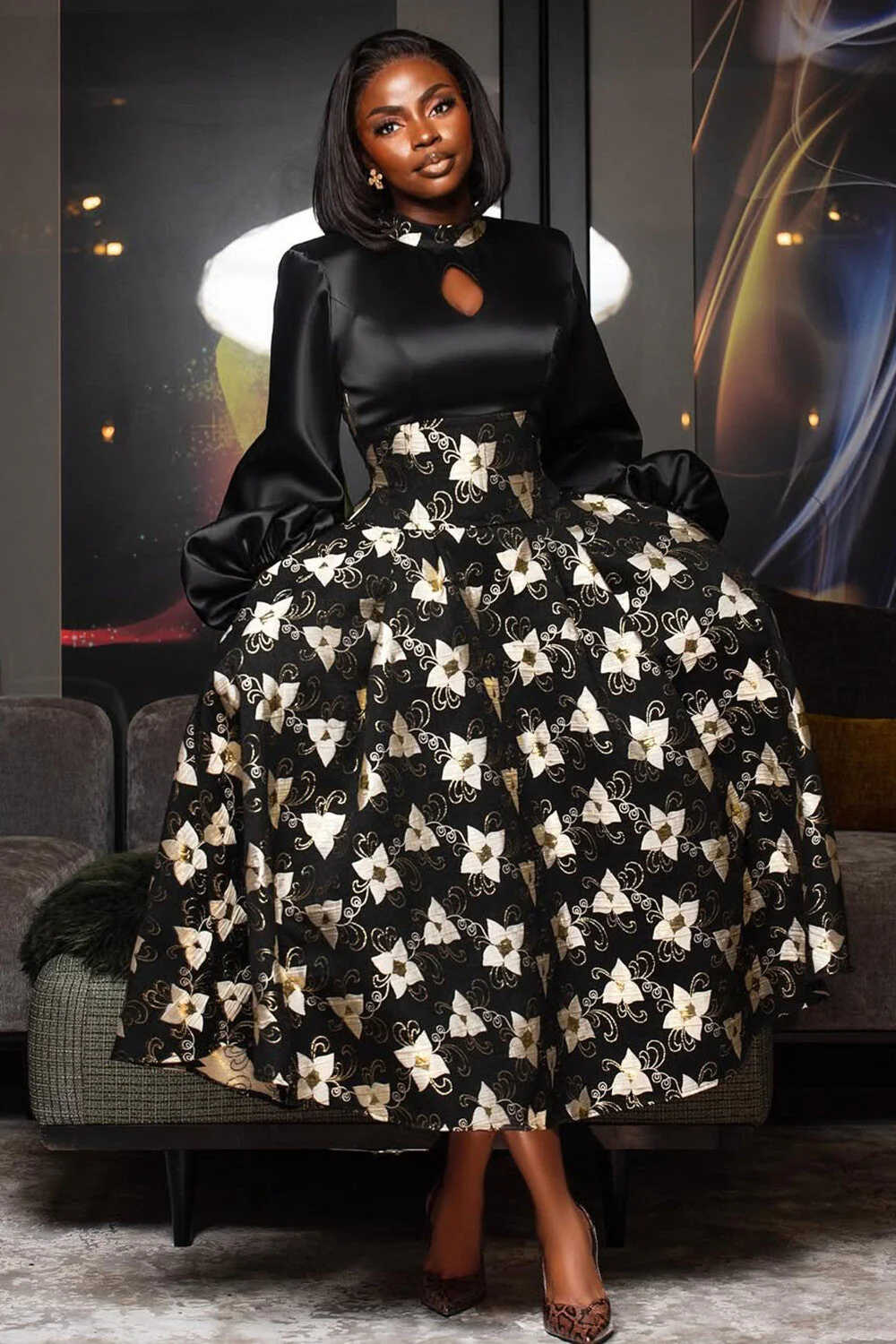Satin Lantern Sleeve Cutout Floral Print A-Line Midi Dresses-Black [Pre Order]