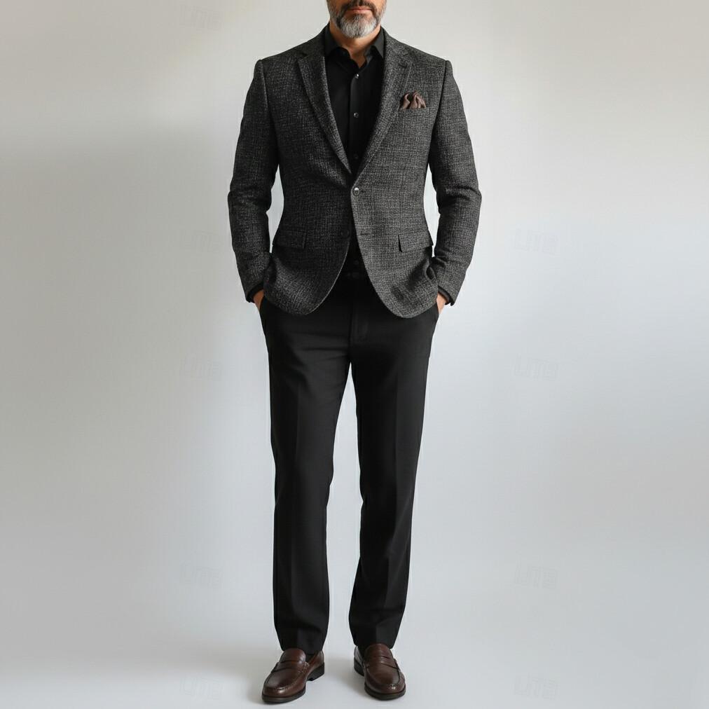 Men's Tweed Notched Lapel Single Breasted Chest Pocket Long Sleeve Blazer