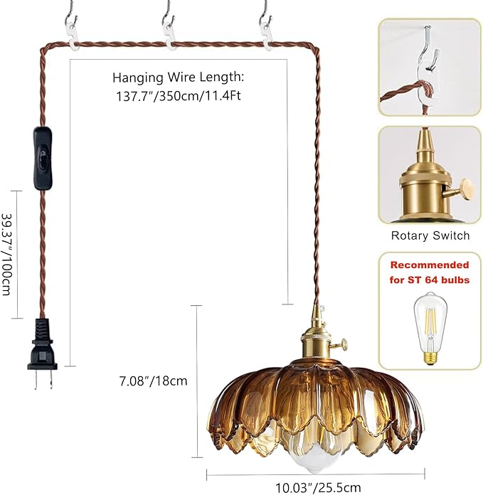 LUMISCAPE Plug in Pendant Light: Glass Hanging Lamp Plug in