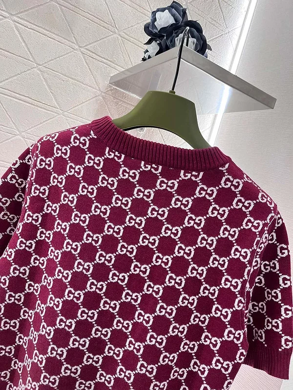 Wine red round neck vintage short sleeved sweater MY-93217