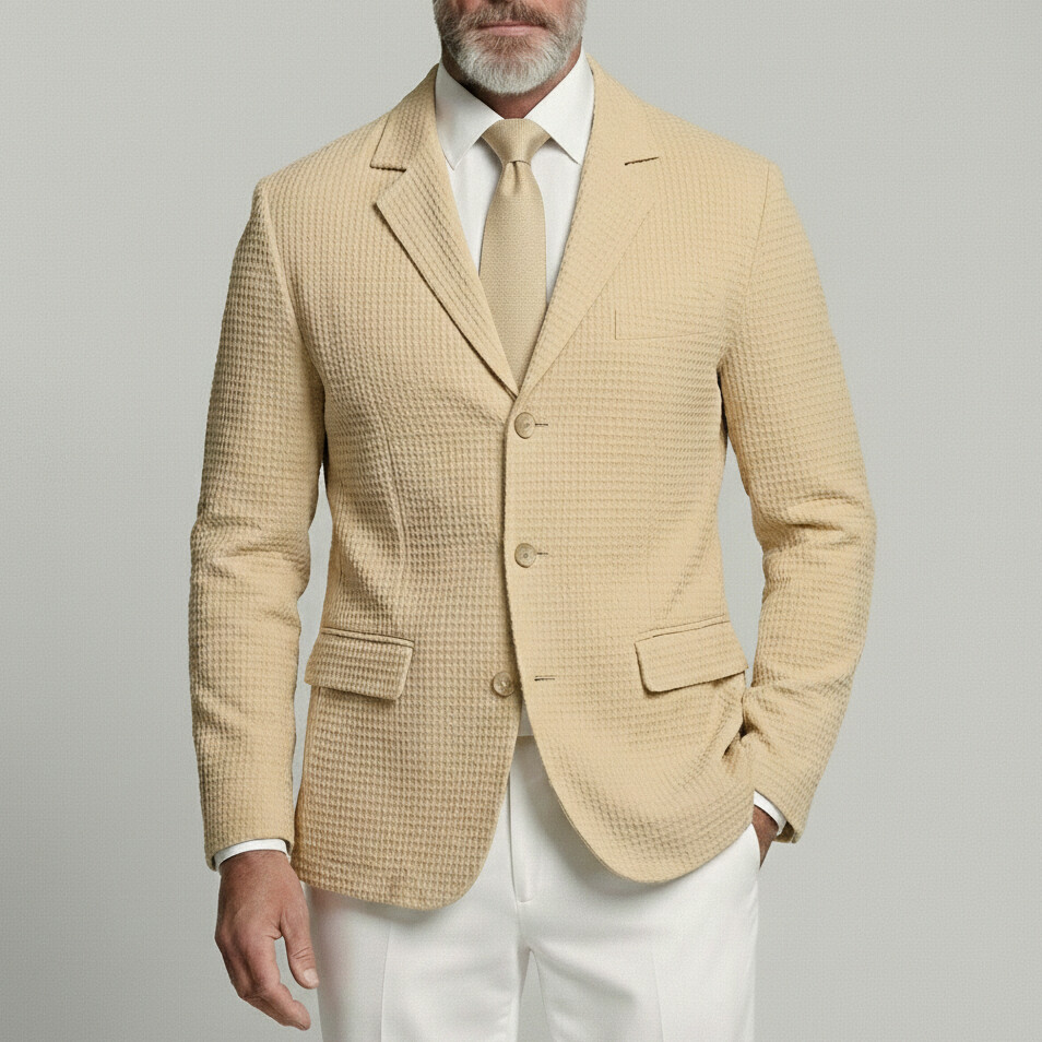 Men's Business Casual Waffle Notched Lapel Single Breasted Long Sleeve Blazer