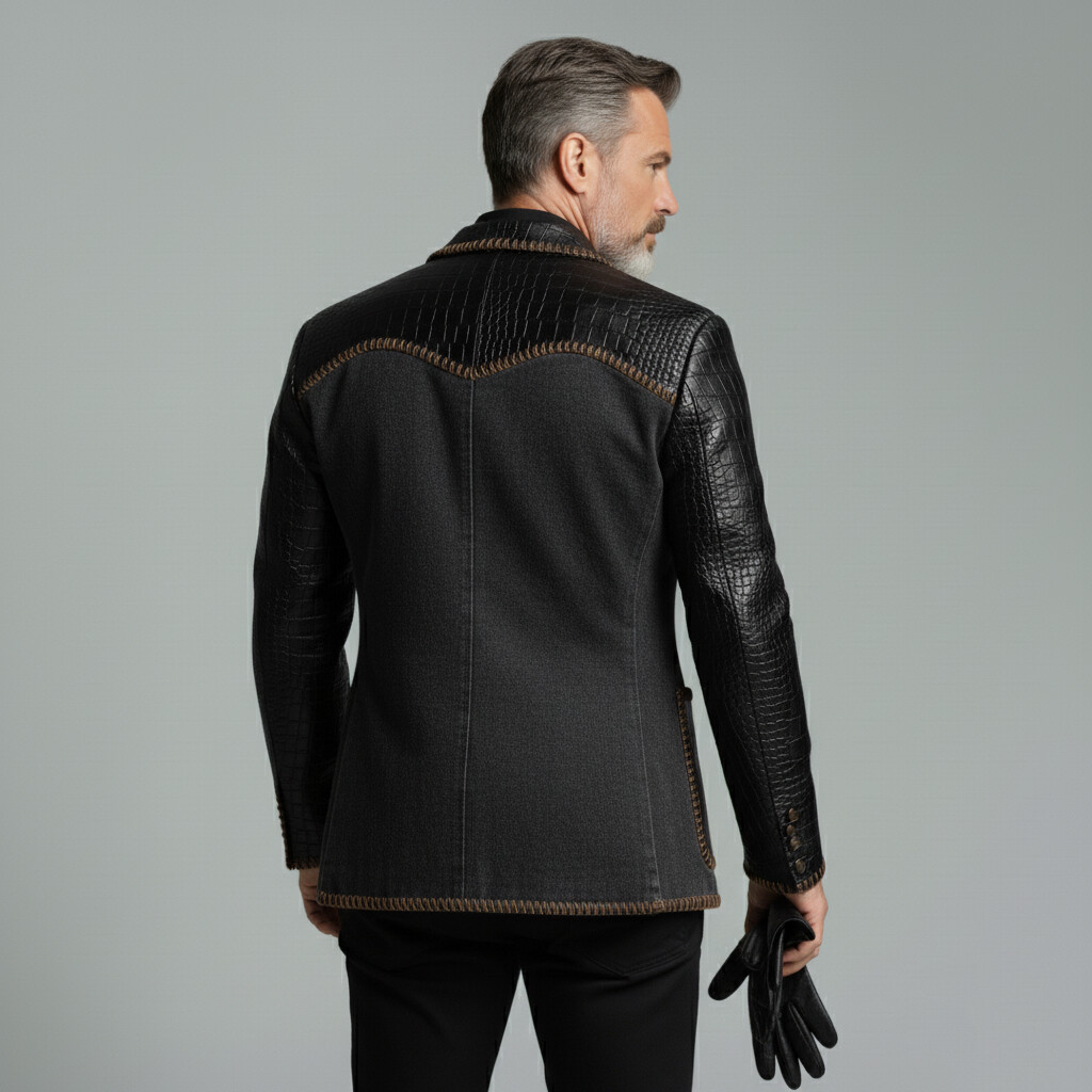 Men's Black Denim Patchwork PU Leather Crocodile Pattern Long Sleeve Notch Lapel Two Button Patch Pocket Contrast Stitched Blazer