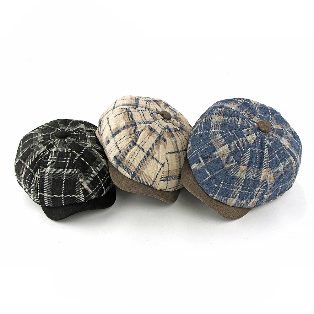 Men's Retro Beige Plaid Fleece-Lined Adjustable Newsboy Cap