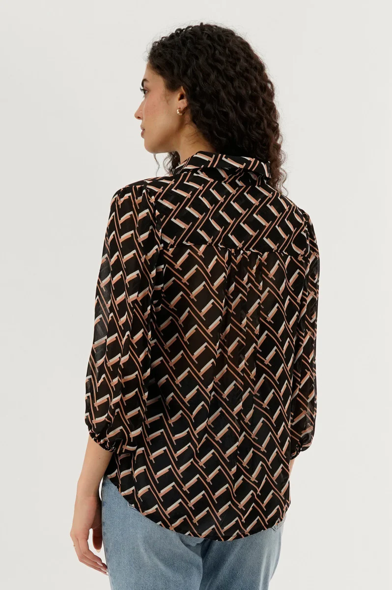 Patterned Sheer Button Down Blouse - Black