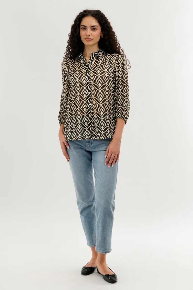 Patterned Sheer Button Down Blouse - Cream