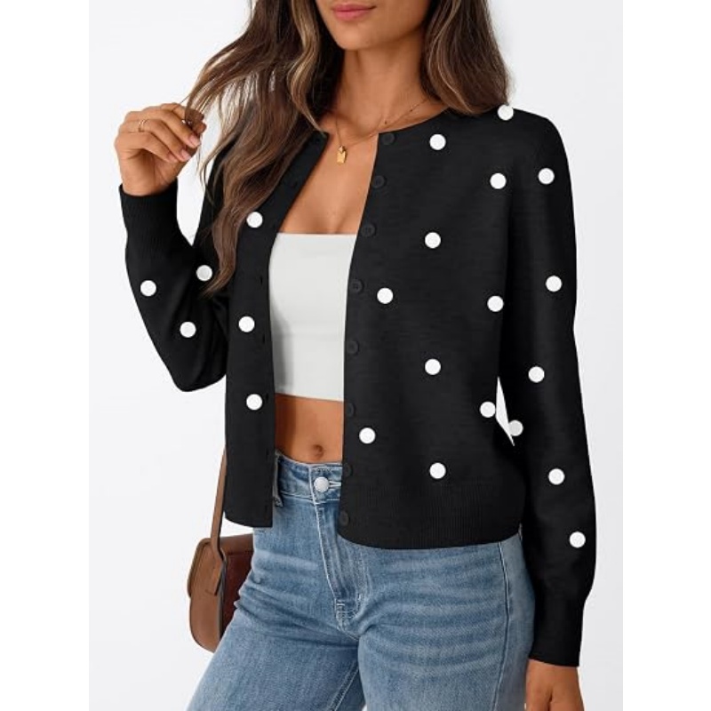 Women Lightweight Striped Knit Cardigan Crew Neck Button‑Down Long Sleeve Cropped Casual Knit Outerwear