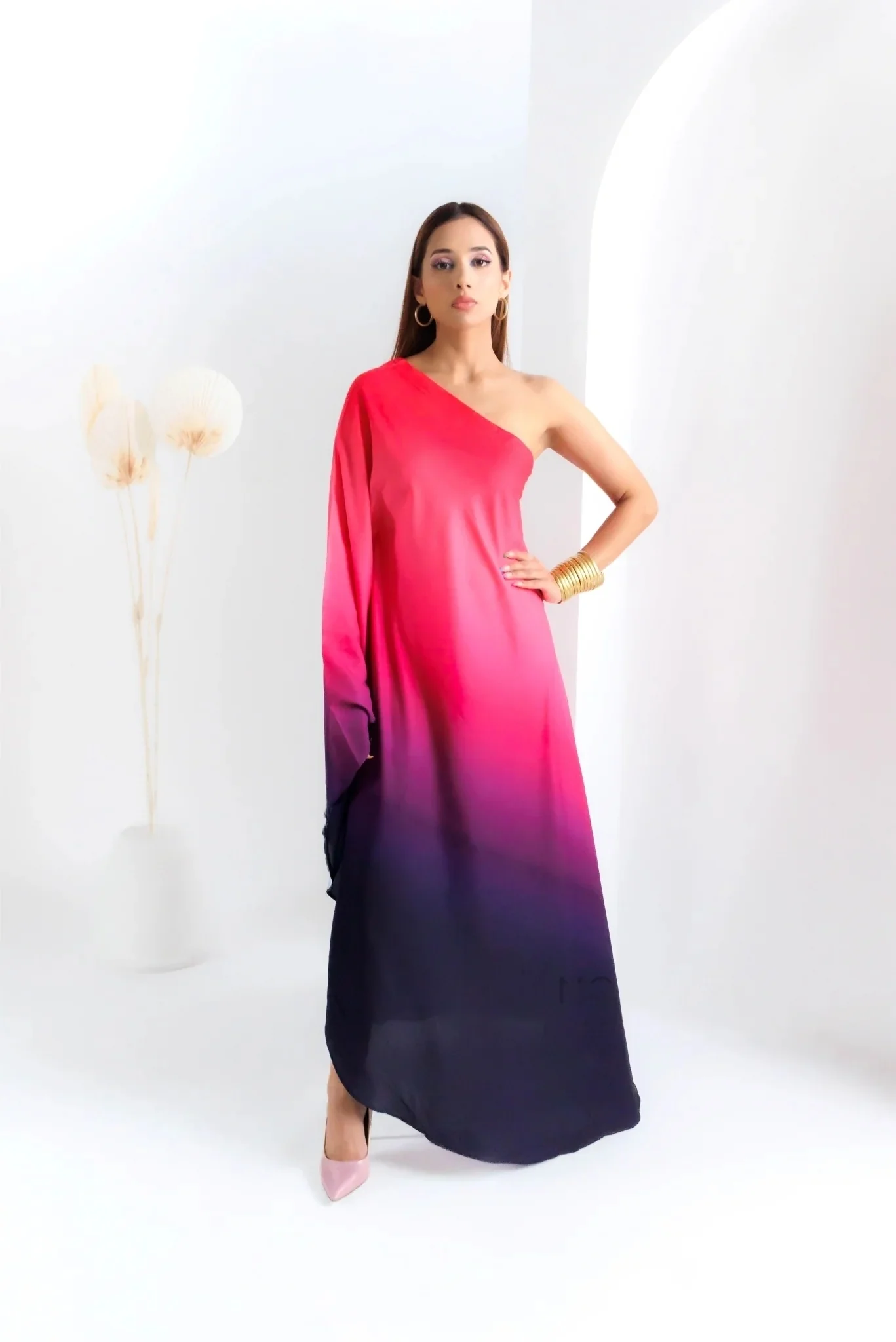 Ombre Fuchsia Off Shoulder Kaftan Dress