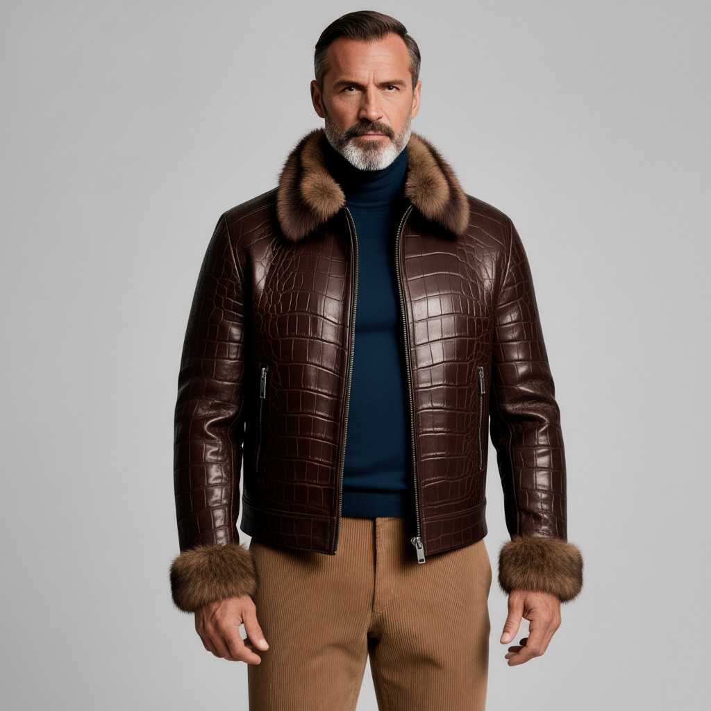 Men's Brown Fur Collar Long Sleeve Zipper Pocket Crocodile PU Leather Jacket