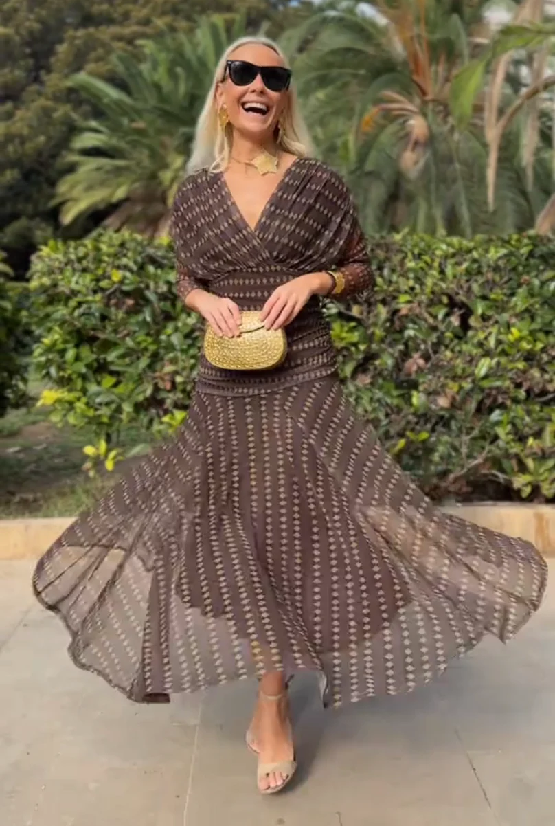 Bohemian Patterned V Neck Mesh Maxi Dress