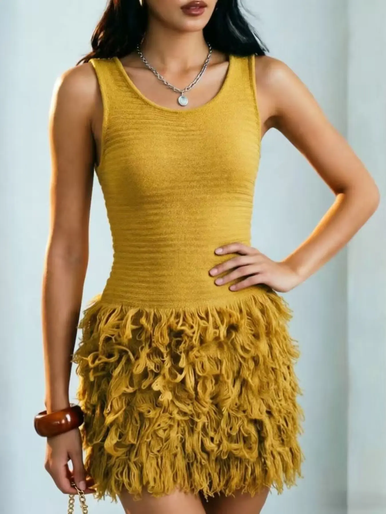 Elegant Knitted Bodycon Dress, Summer Vacation Fringe Skirt