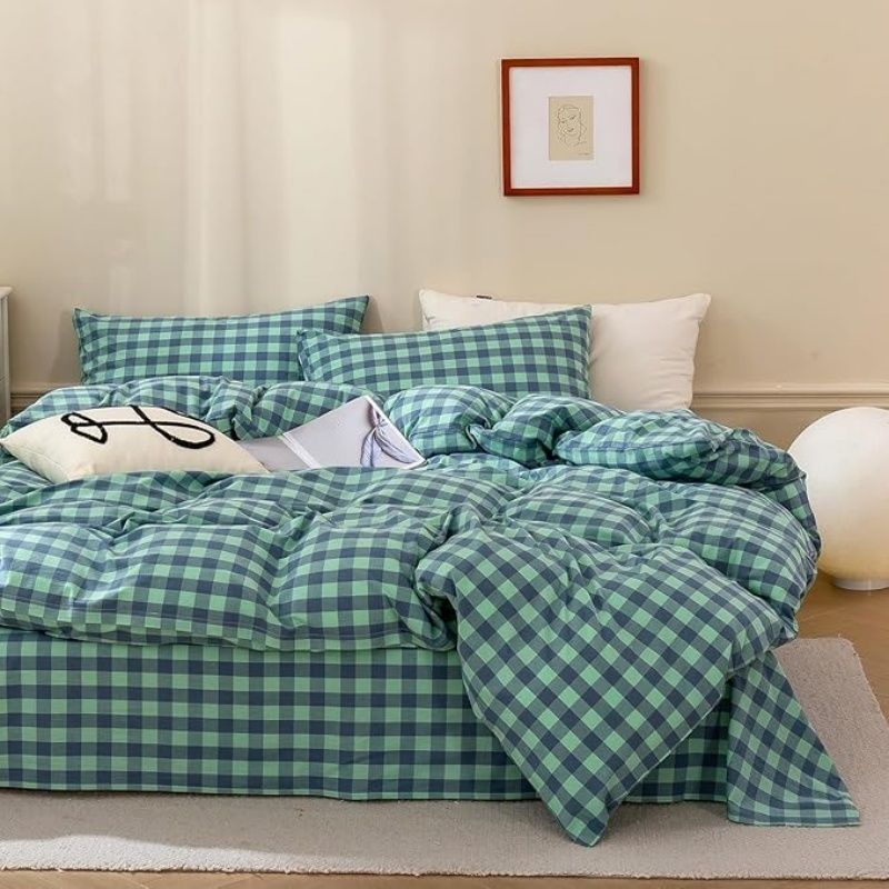 Green Gingham Grid Duvet Cover Queen