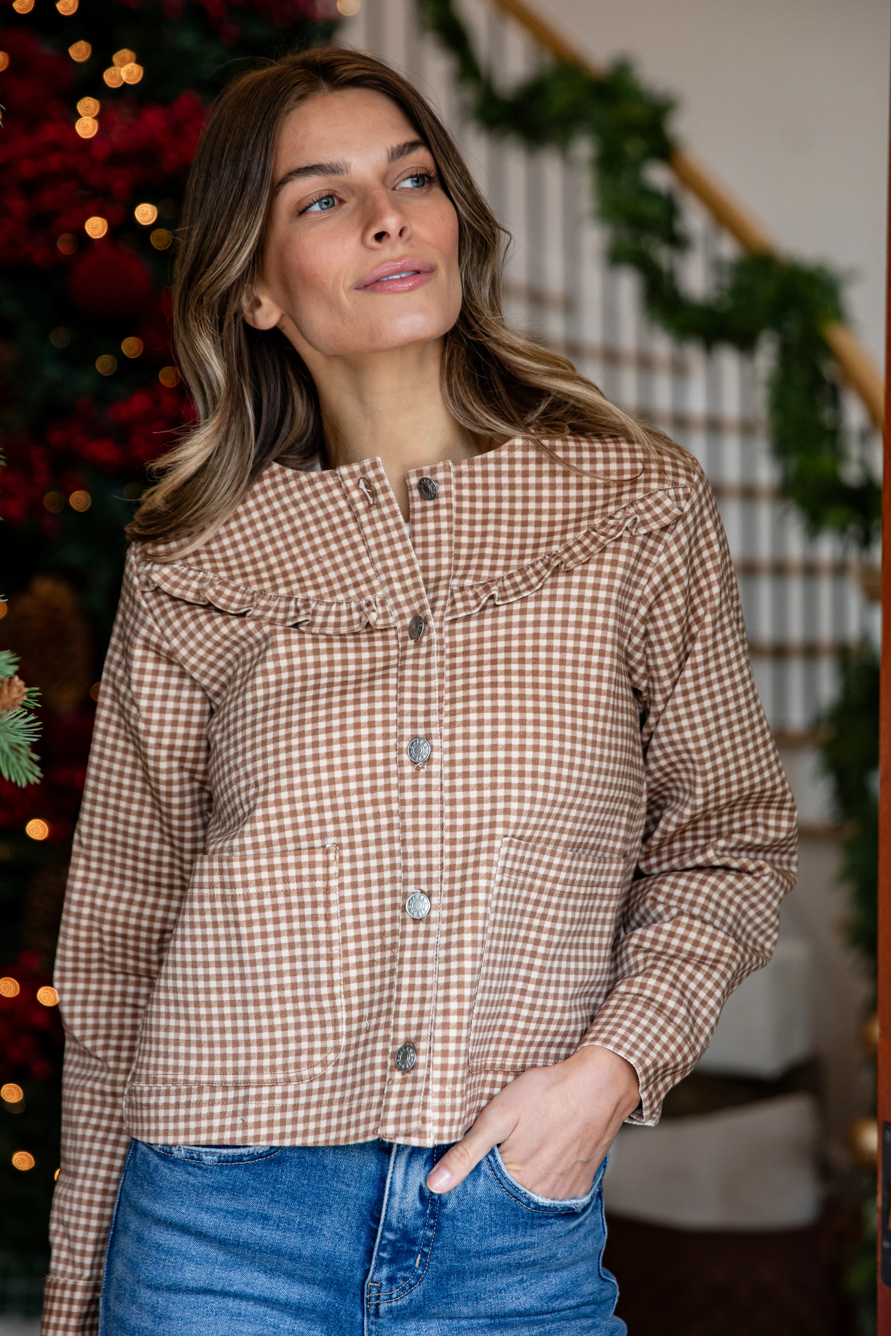 FINAL SALE - Cozy Gingham Brown Button Front Jacket